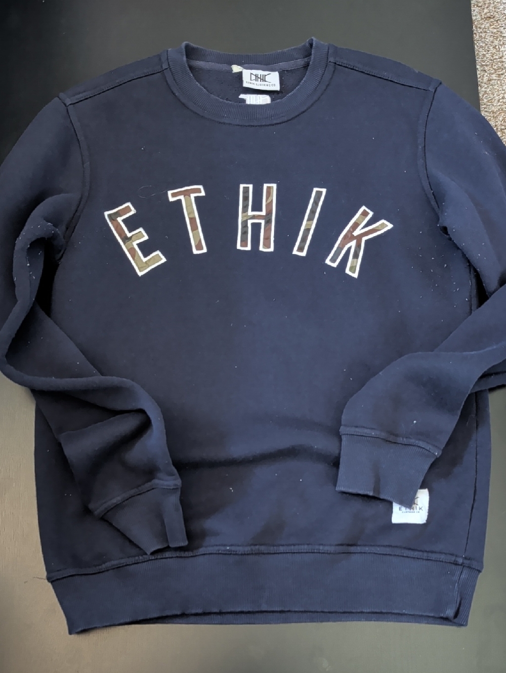 Ethik Navy Crewneck Sweatshirt with Camo Lettering